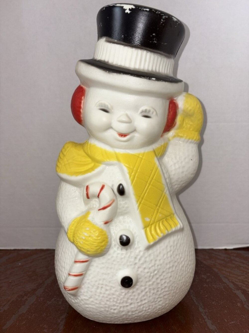 Vintage Poloron Tabletop Snowman Blowmold Yellow Scarf Candy Cane Christmas MCM